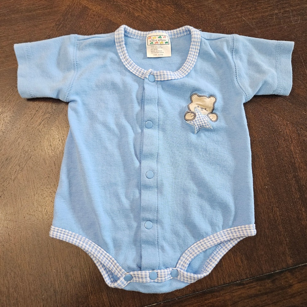 Mon Petit‎ Bodysuit Baby Boy Size 6-9M Blue Gingham Trim Teddy Bear Snap Front